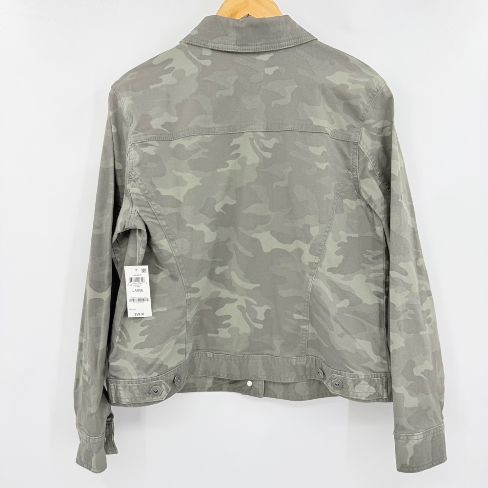 Style & Co Womens Camo Print Denim Jacket Green Camouflage Utility Large NEW - Picture 2 of 5